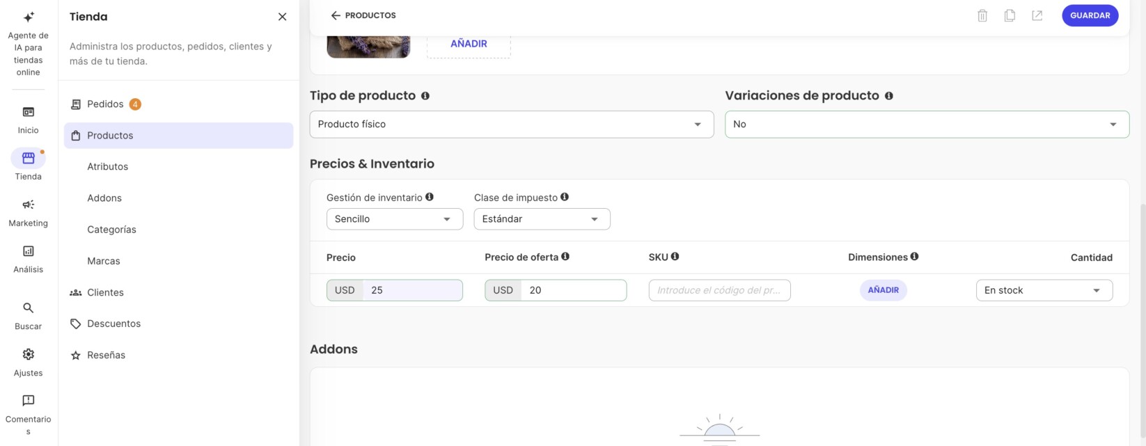 Configuraciones de Precios & Inventario para un nuevo producto