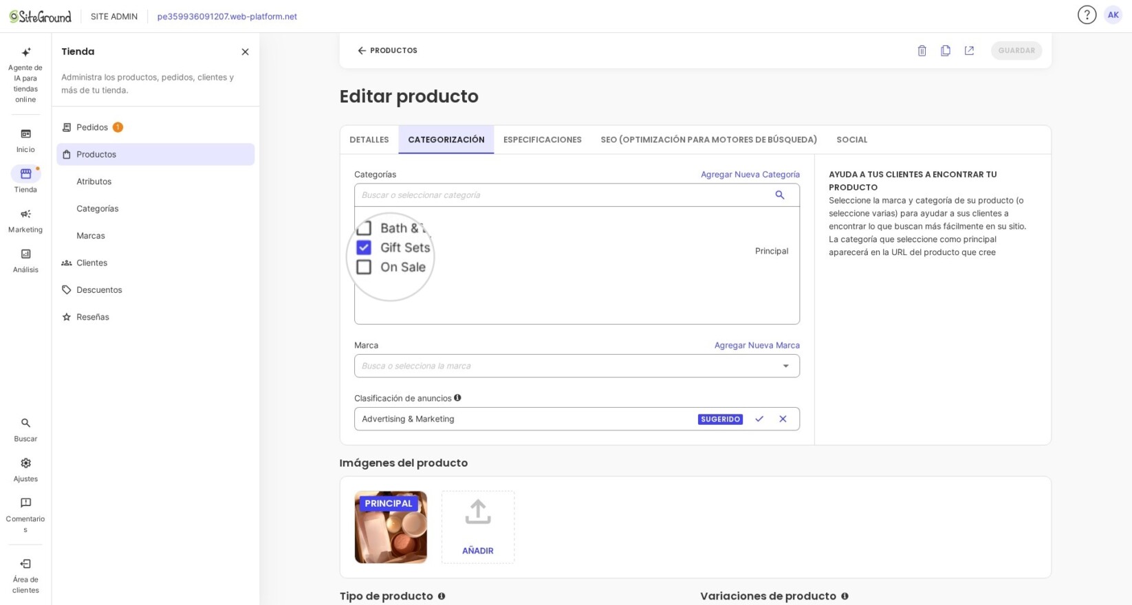Selecting a product category in SiteGround Ecommerce