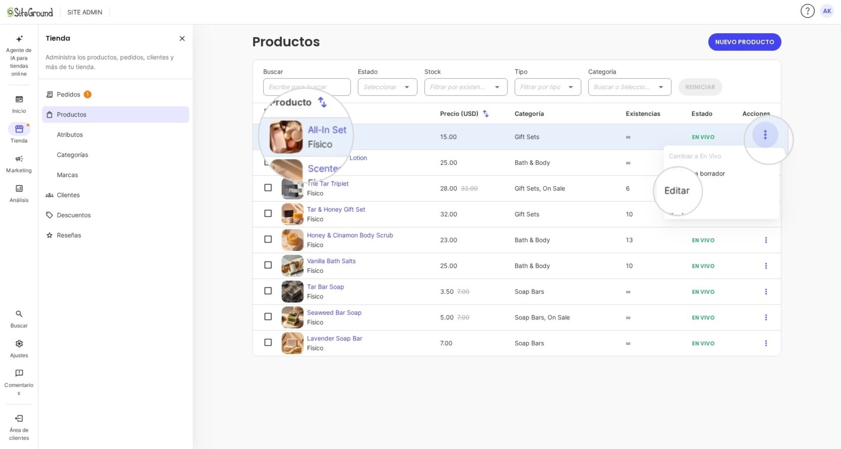 Accediendo al editor de productos en SiteGround Ecommerce