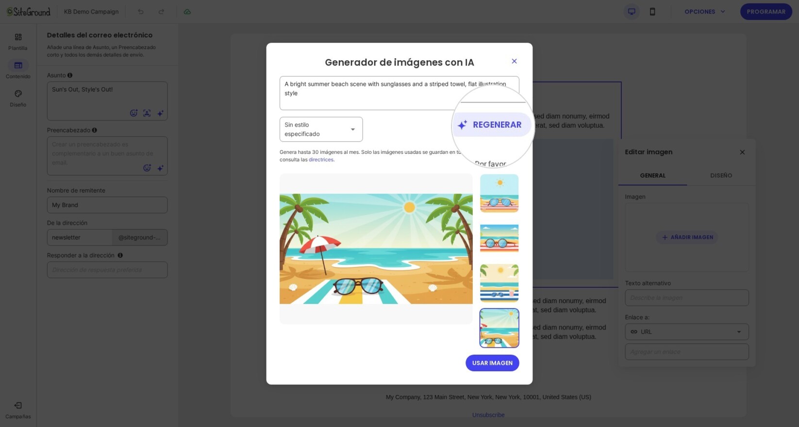 Captura de pantalla de la opción de regenerar imagen en el Generador de Imágenes con IA de SiteGround, con una imagen seleccionada y un botón “Regenerar”.