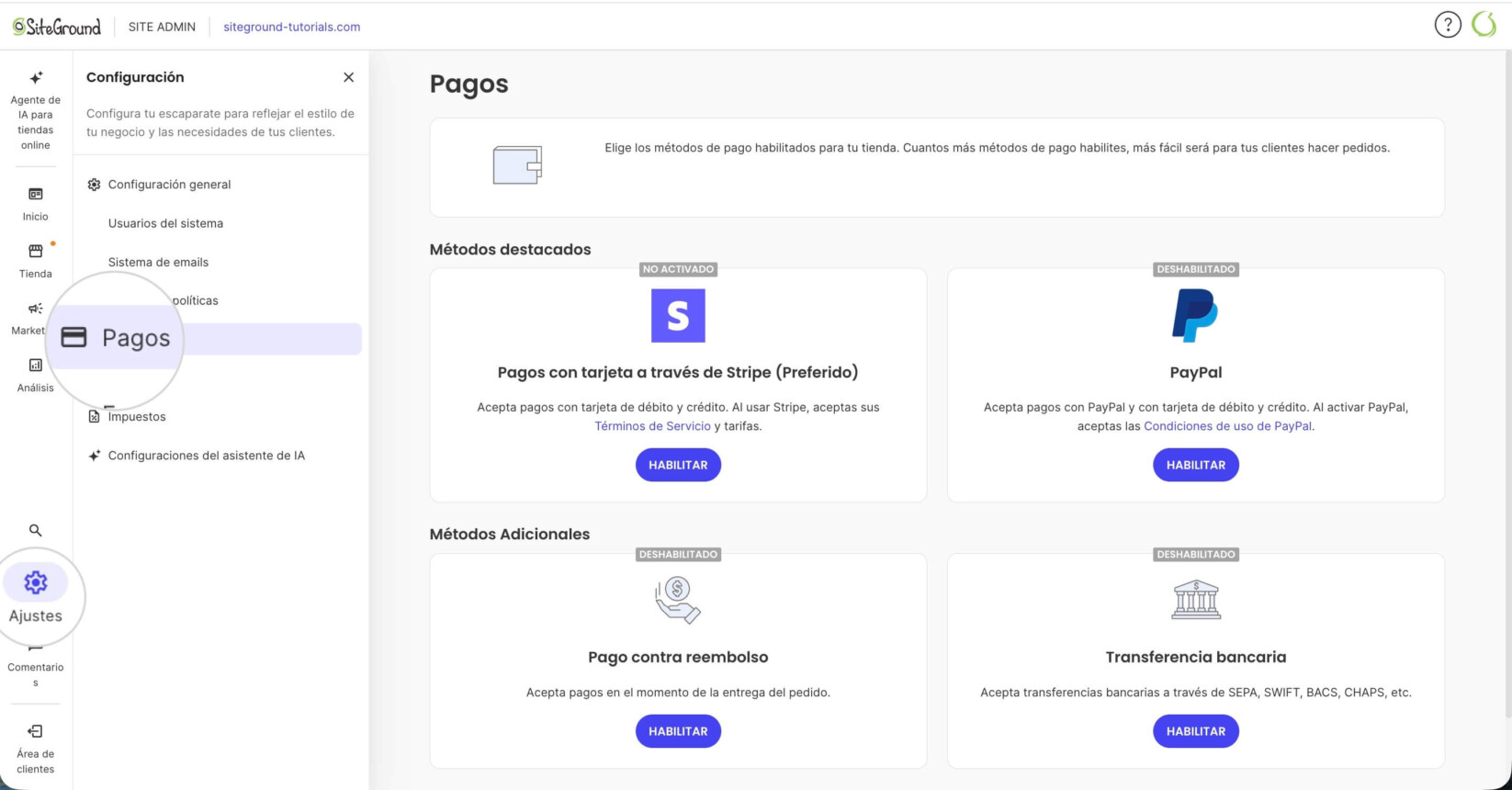 Sección de Pagos en SiteGround Ecommerce