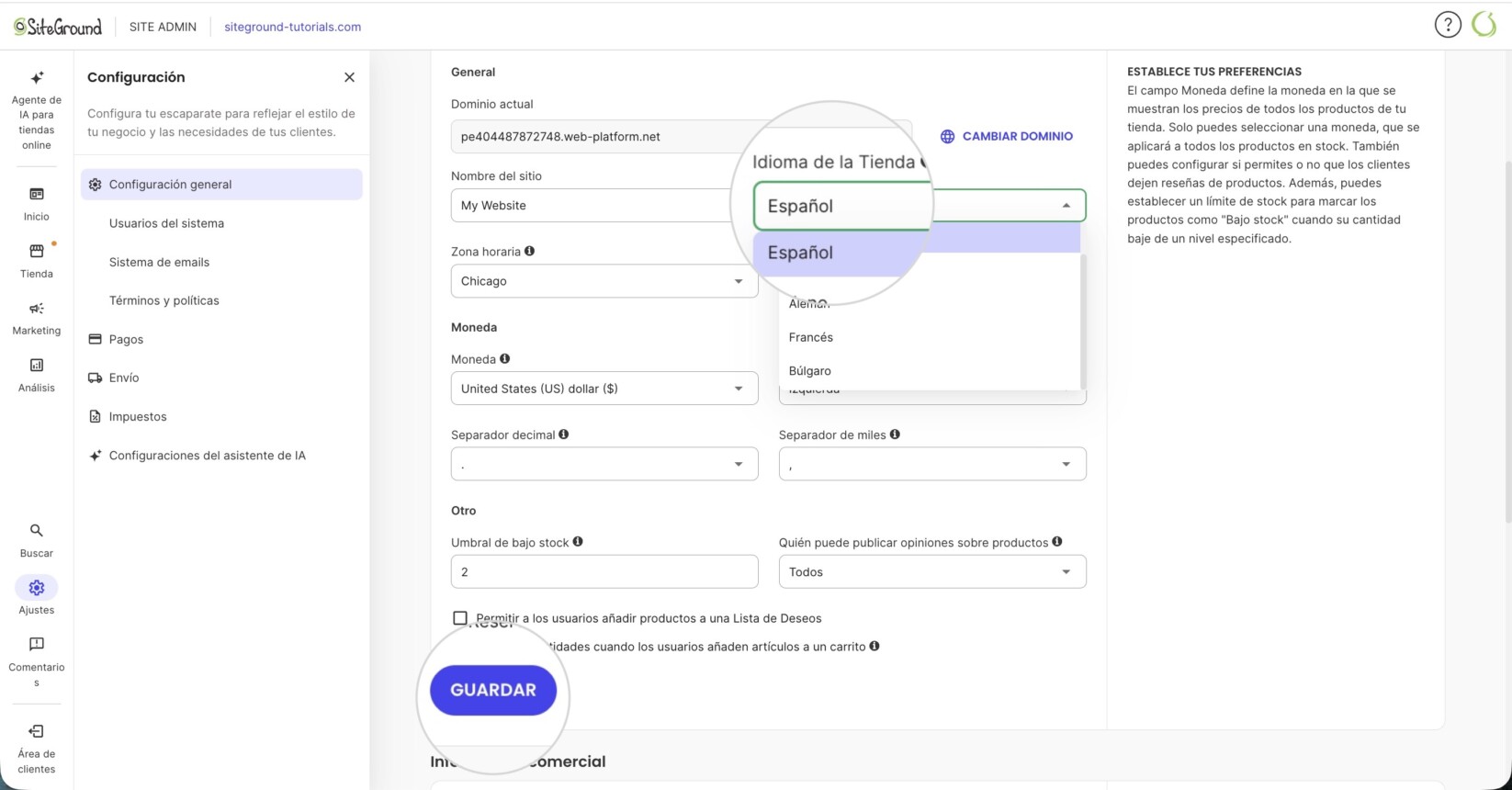 Lista desplegable para seleccionar el idioma de la tienda en SiteGround Ecommerce