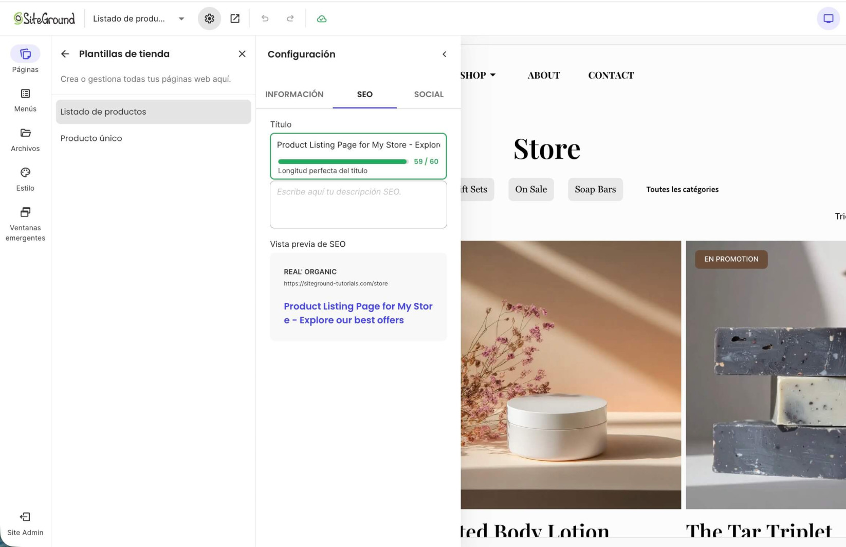 Ajustes de SEO de la página de Listado de Productos donde puedes establecer un título SEO y una descripción SEO