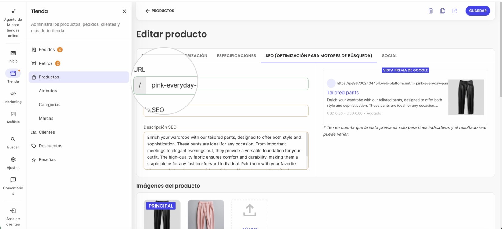 Guardando un slug de URL de producto en SiteGround Ecommerce