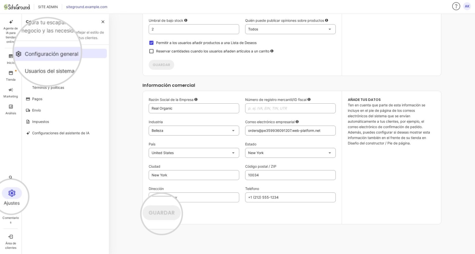 Sección de información del negocio en la configuración de SiteGround Ecommerce