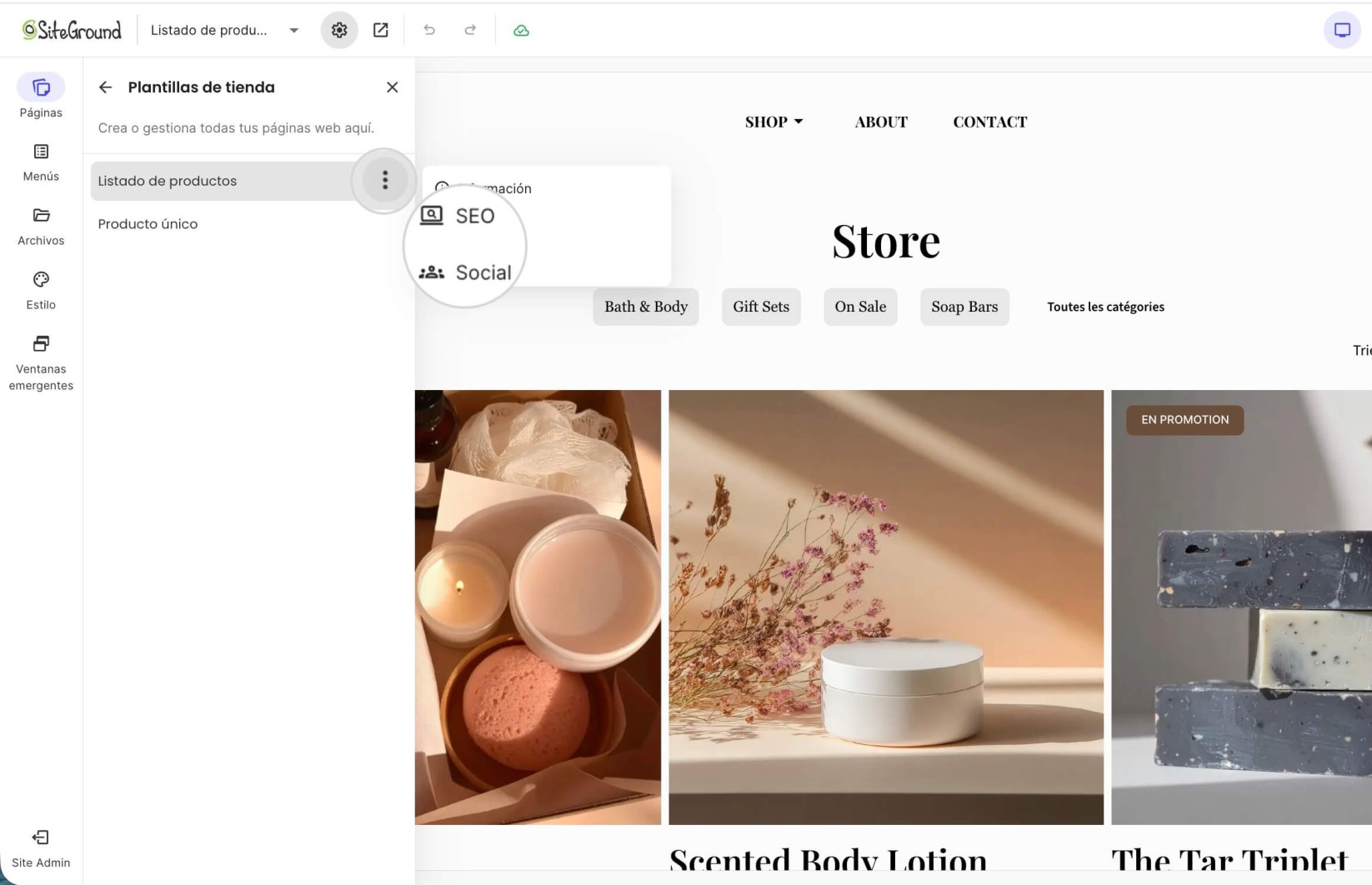 Menú de ajustes del Listado de Productos con los ajustes de SEO y Social destacados