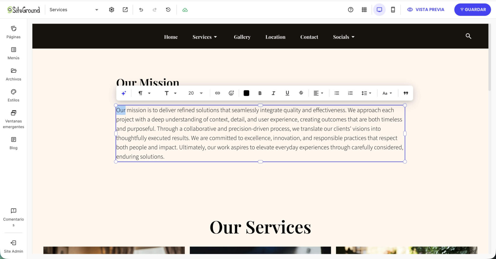 Personalizando el texto de la declaración de misión para enfatizar soluciones refinadas e integración de calidad.