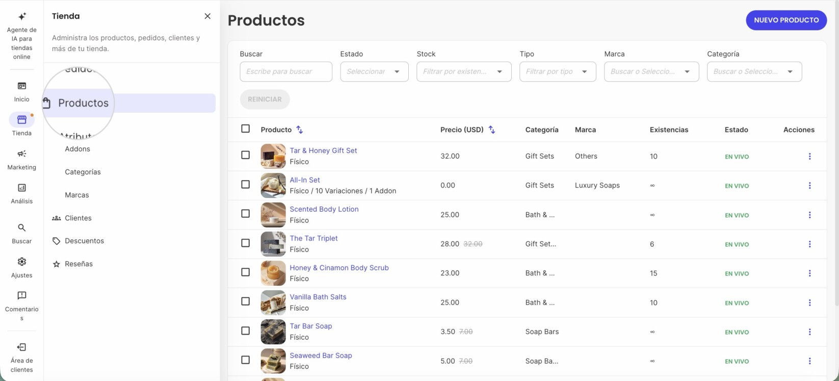 Sección de Productos en SiteGround Ecommerce