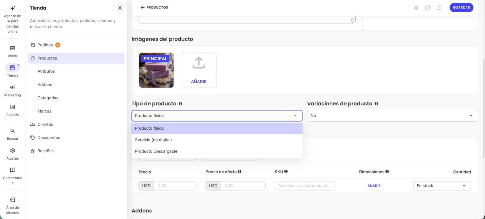 Menú para seleccionar el tipo de producto
