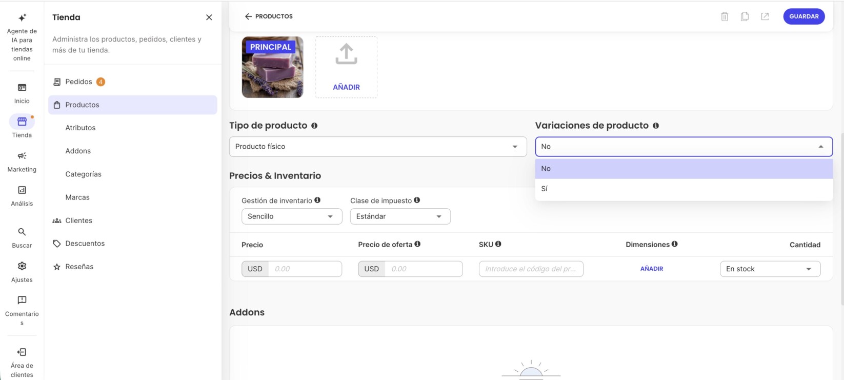 Menú para seleccionar si un producto tiene variaciones o no