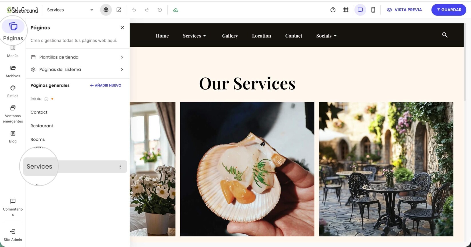 El panel de gestión de Páginas en el Website Builder con la página de Servicios seleccionada.