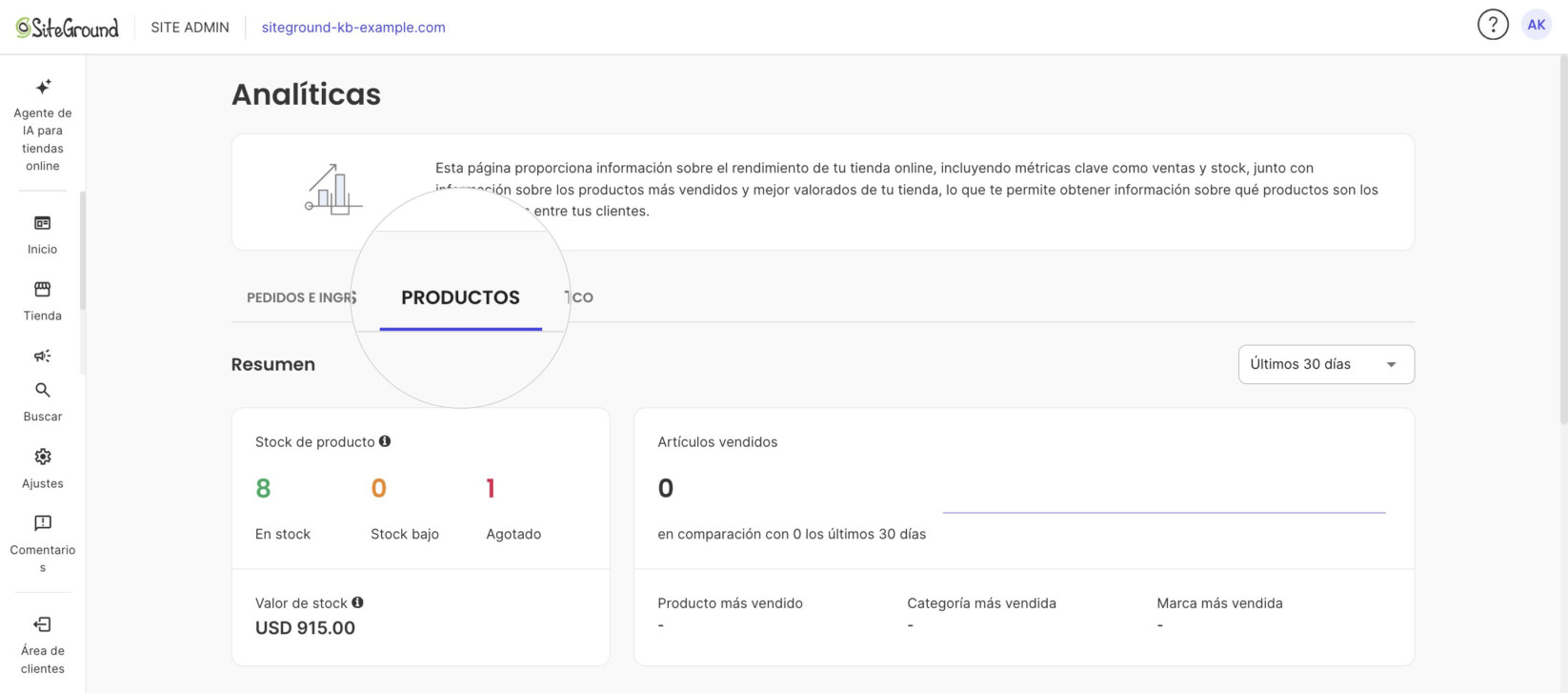 La página Análisis con la pestaña Productos seleccionada y los recuentos de Stock de producto.