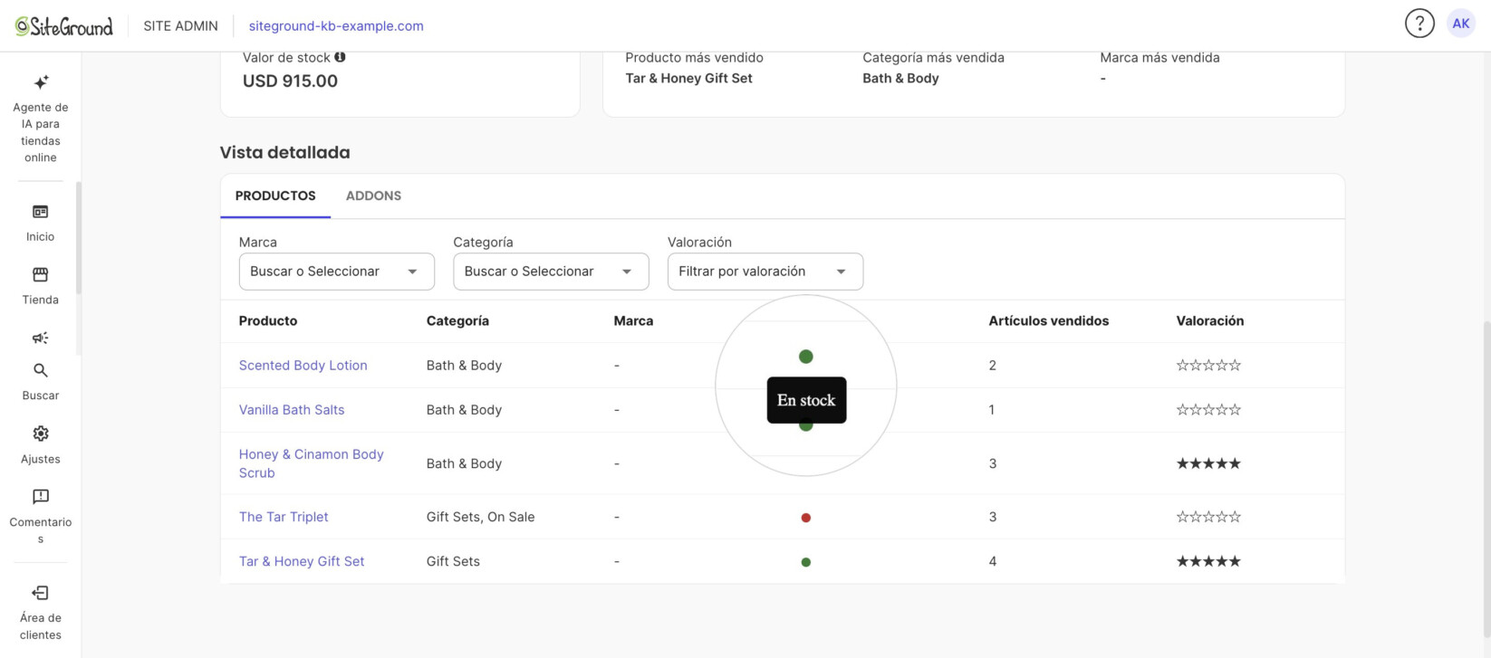 La tabla Vista detallada con un punto Cantidad por producto y un tooltip En stock.