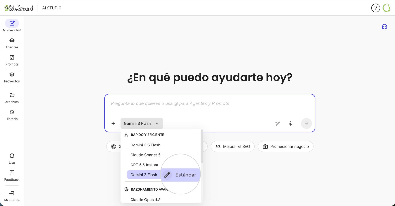Menú de los modelos LLM en la interfaz de SiteGround AI Studio. El modelo predeterminado está etiquetado como "Estándar" y muestra un resaltado ampliado en el botón de edición que se puede utilizar para establecer un LLM diferente como predeterminado.