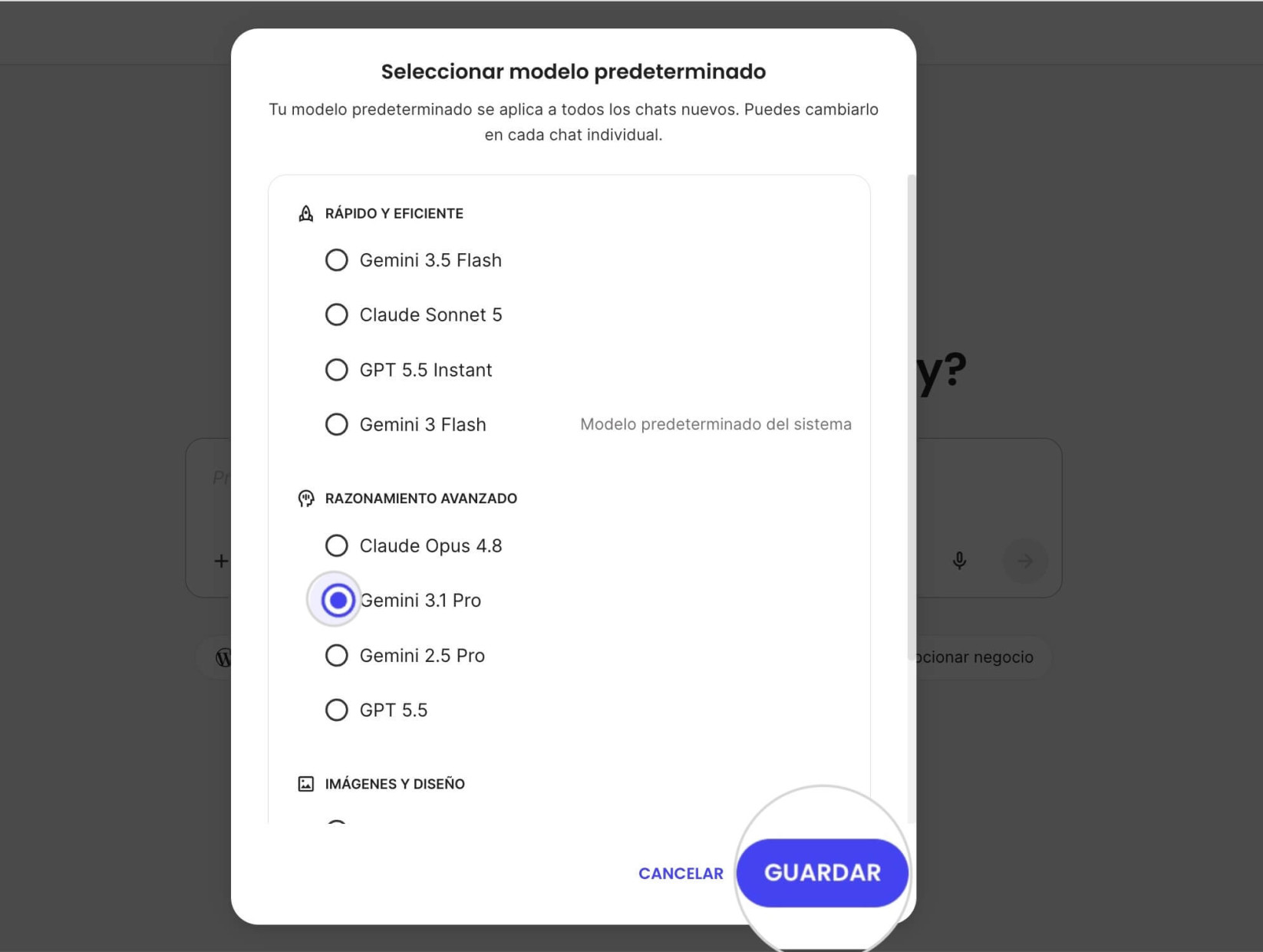 Ventana emergente de diálogo utilizada para seleccionar un modelo de chat predeterminado en SiteGround AI Studio