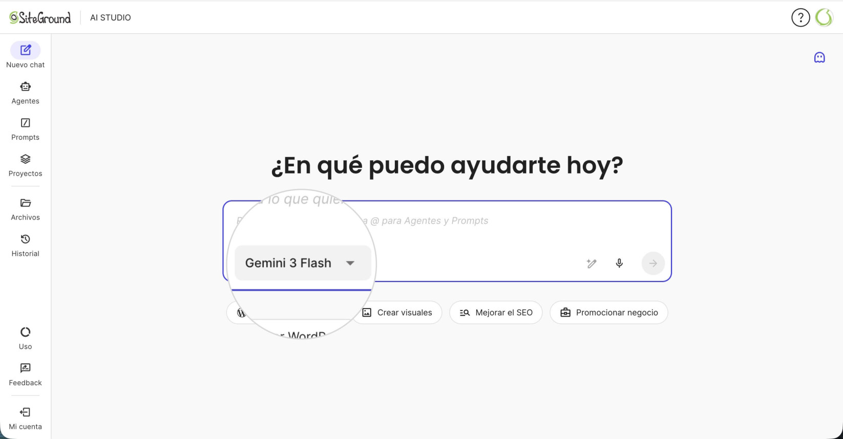 Interfaz de SiteGround AI Studio. Muestra un resaltado ampliado en el modelo predeterminado en el panel de chat que se puede utilizar para cambiar a un LLM diferente.