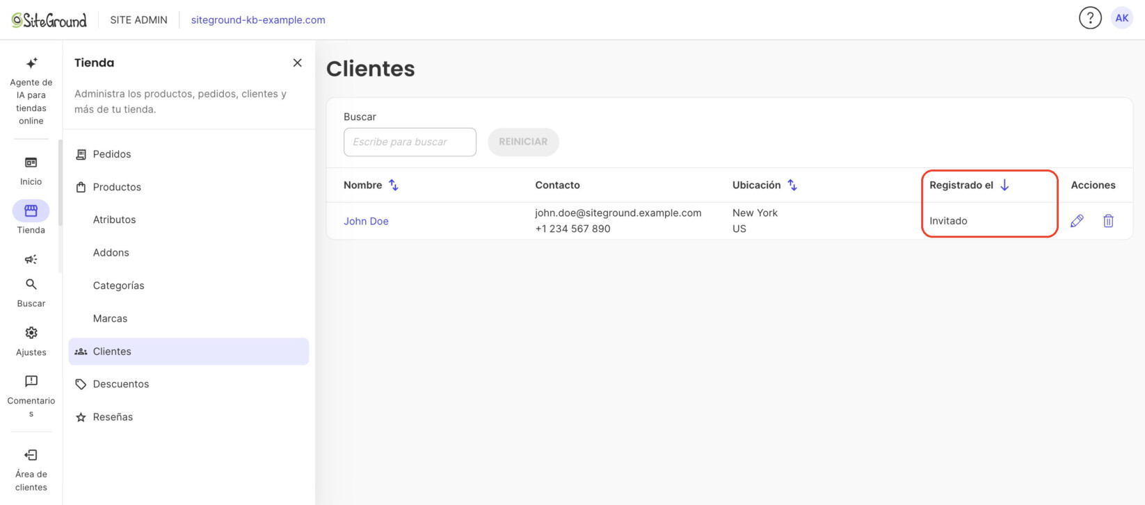 La lista de Clientes de la tienda con la columna Registrado el que indica si el cliente es invitado o registrado.