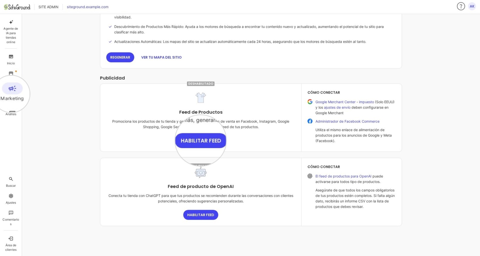 Sección de Marketing en Site Admin de SiteGround Ecommerce mostrando el botón Habilitar Feed para generar un archivo de product feed