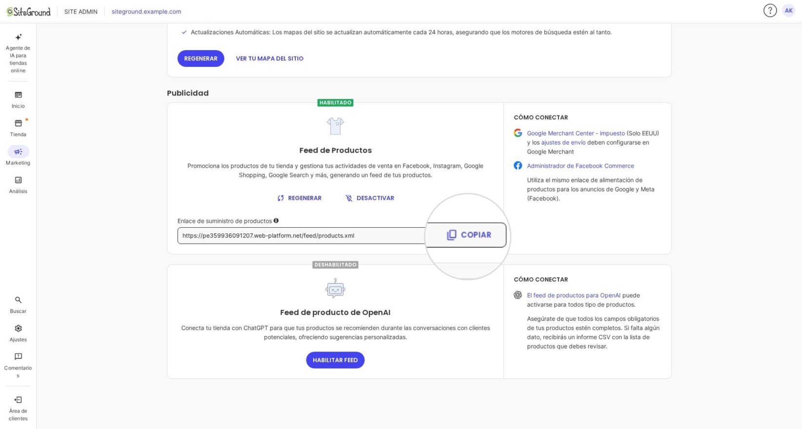 Sección de Marketing en Site Admin para SiteGround Ecommerce mostrando la URL del product feed que puedes copiar y compartir con plataformas de anuncios