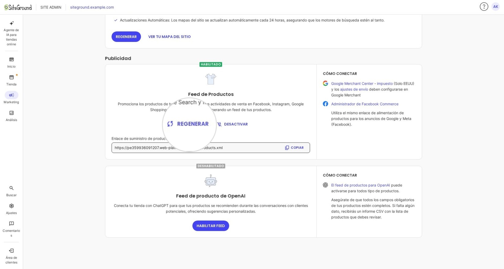 Sección de Marketing en Site Admin para SiteGround Ecommerce mostrando el botón Regenerar para actualizar el archivo de product feed
