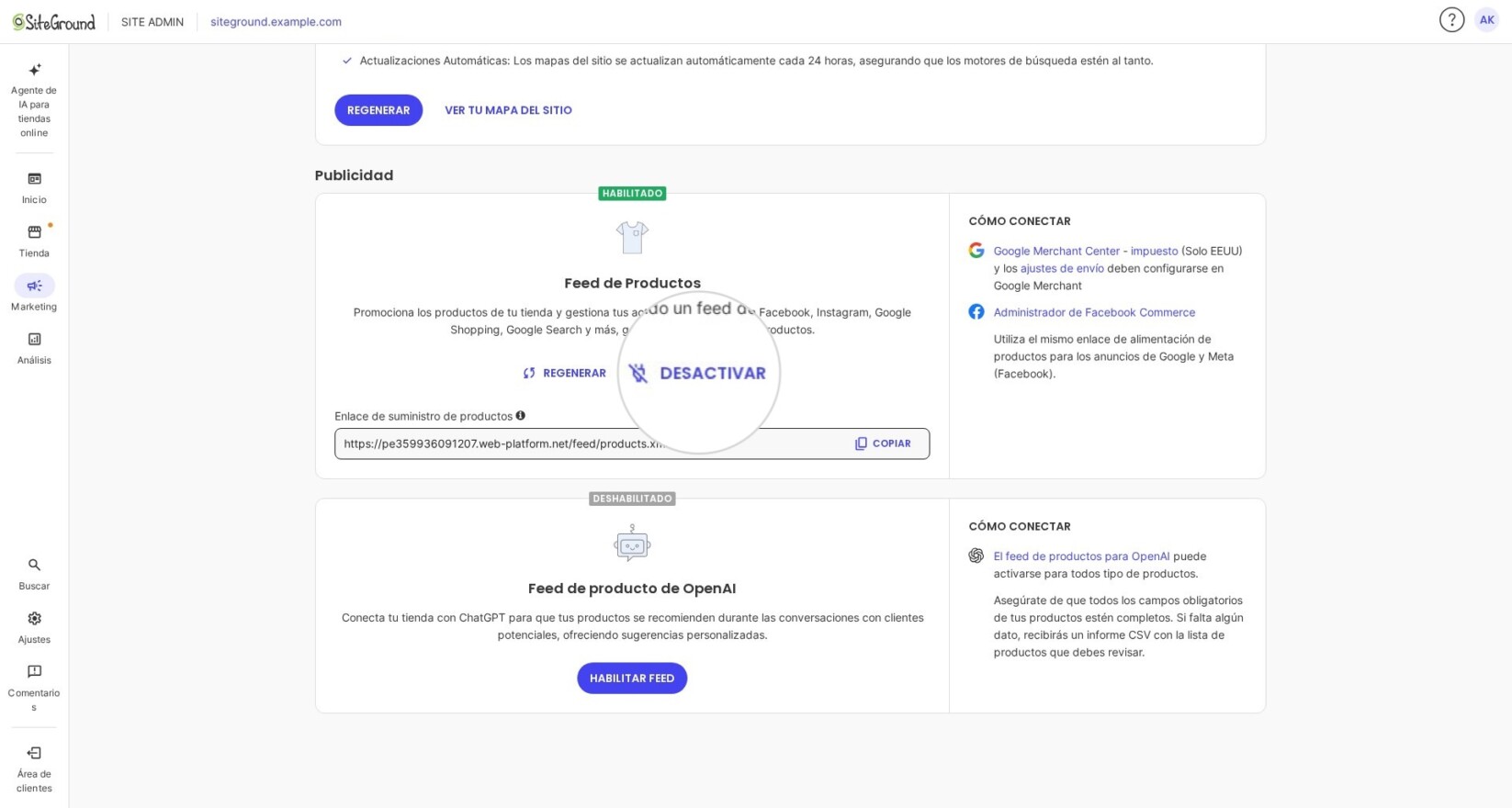 Sección de Marketing en Site Admin para SiteGround Ecommerce mostrando el botón Desactivar para desactivar el archivo de product feed