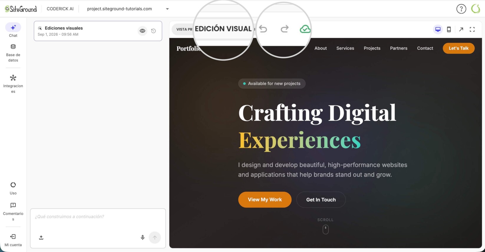 Pantalla de constructor y vista previa de Coderick AI con un botón de Edición visual resaltado