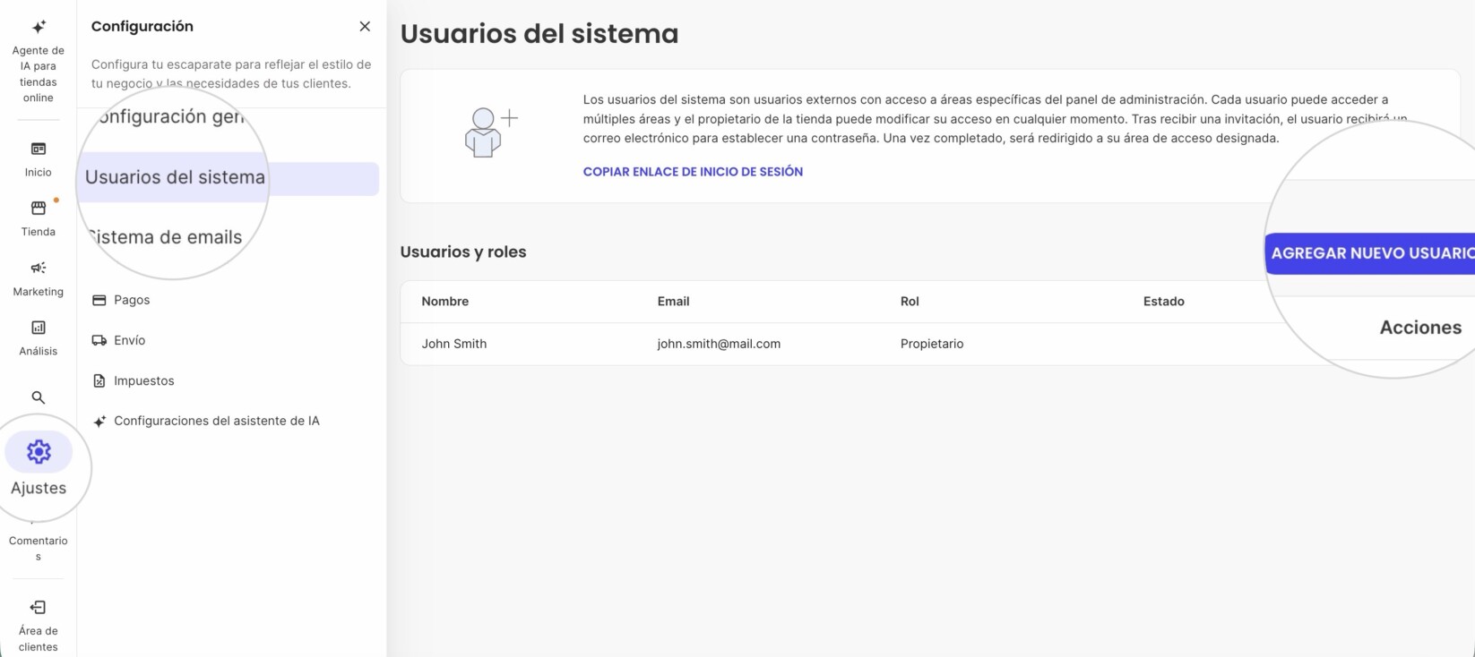 Site Admin de una tienda Ecommerce mostrando la sección Usuarios del Sistema