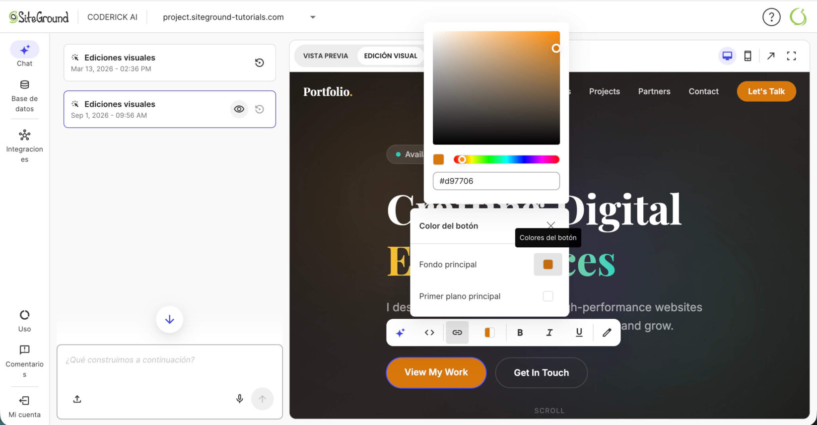 Pantalla de vista previa del constructor Coderick AI con un botón seleccionado mostrando opciones de edición