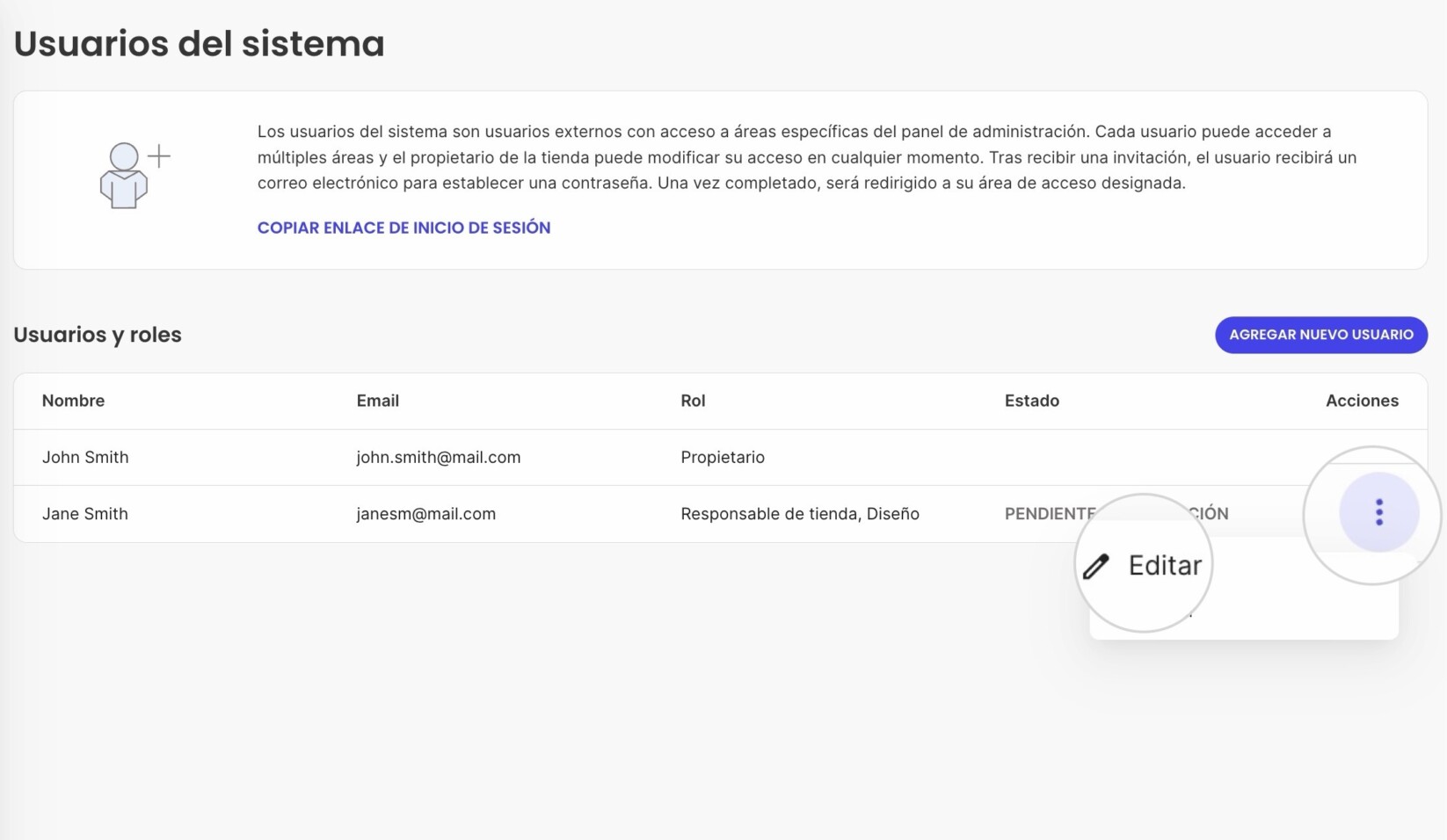 Sección Usuarios del Sistema en Ecommerce mostrando el botón Editar del menú Acciones para un solo usuario