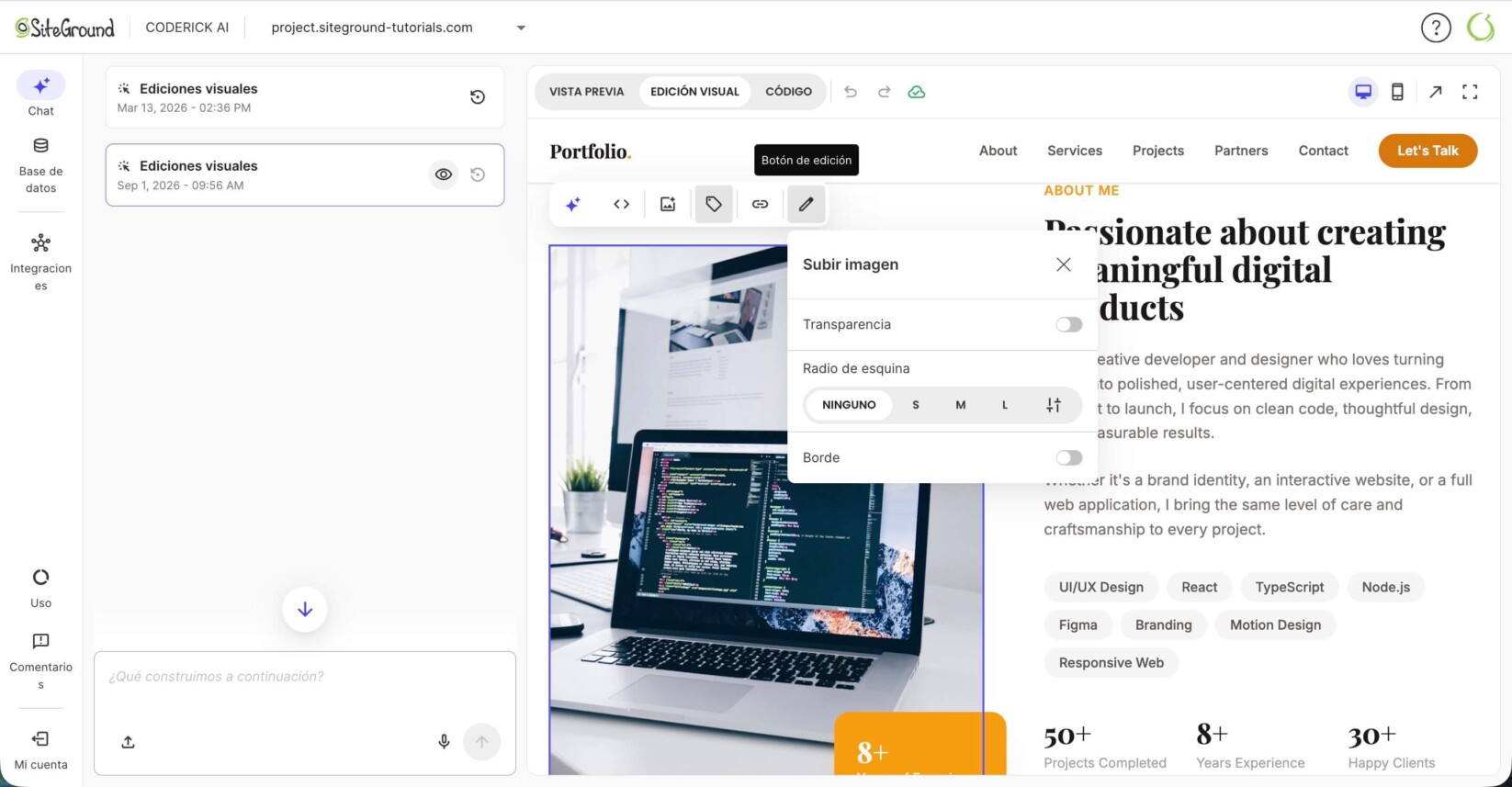 Pantalla de vista previa del constructor Coderick AI con una imagen seleccionada mostrando opciones de edición