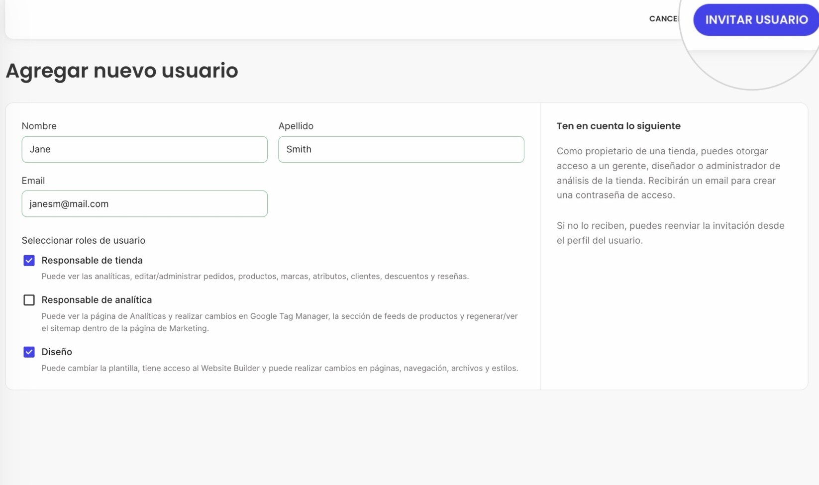 Una página de Usuario del Sistema donde se completan los detalles del usuario y se envía la invitación a través del botón "Invitar usuario"