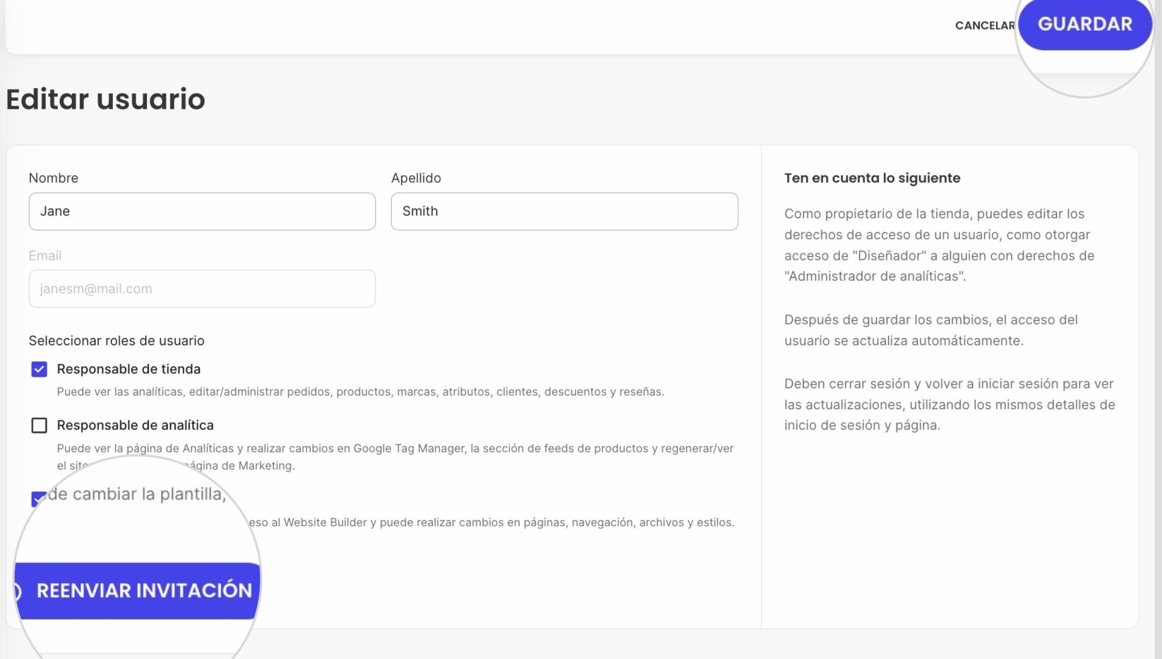 Página de Usuario del Sistema donde puedes editar los detalles y guardar los cambios o reenviar la invitación