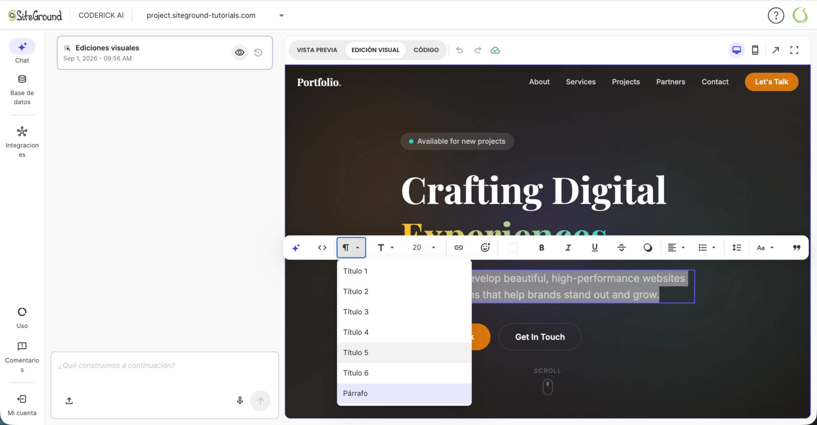 Pantalla de vista previa del constructor Coderick AI con un texto resaltado mostrando una barra de herramientas con opciones de edición