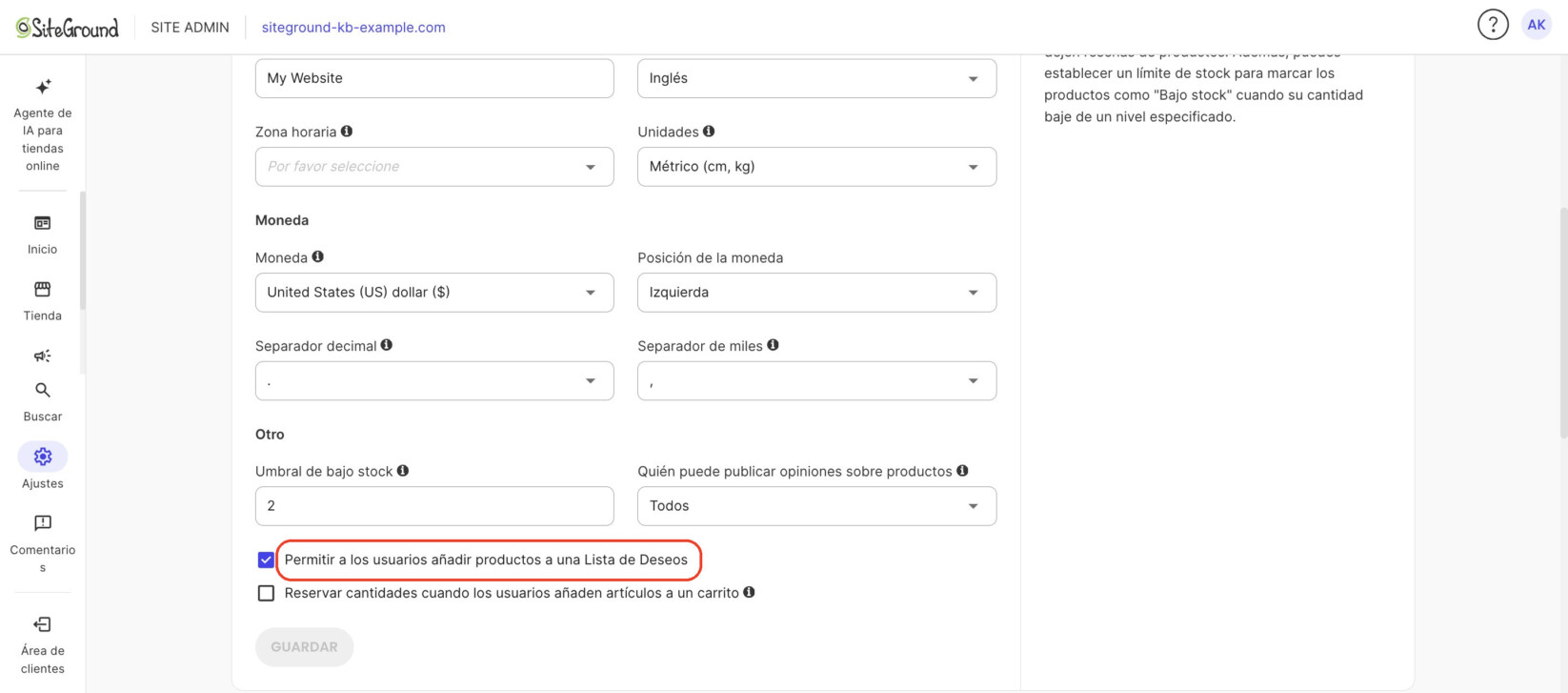 La página Ajustes con la opción que permite a los usuarios añadir productos a una Lista de Deseos marcada.