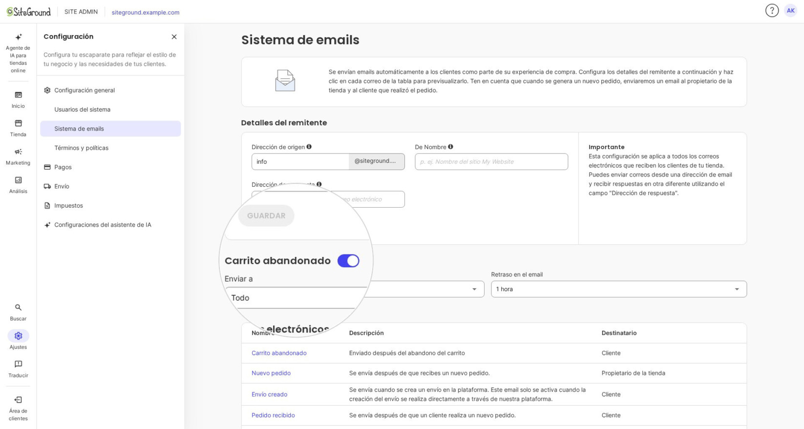 Sistema de emails con el interruptor Carrito abandonado activado y Enviar a con el valor Todo.