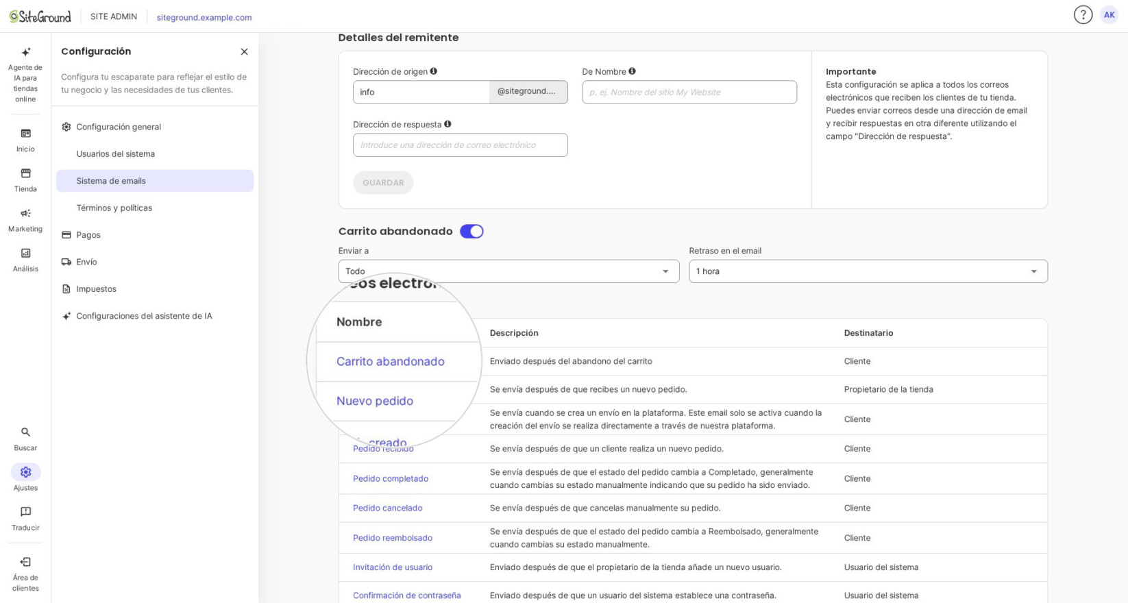 Sistema de emails, tabla con la lupa sobre las filas Carrito abandonado y Nuevo pedido.