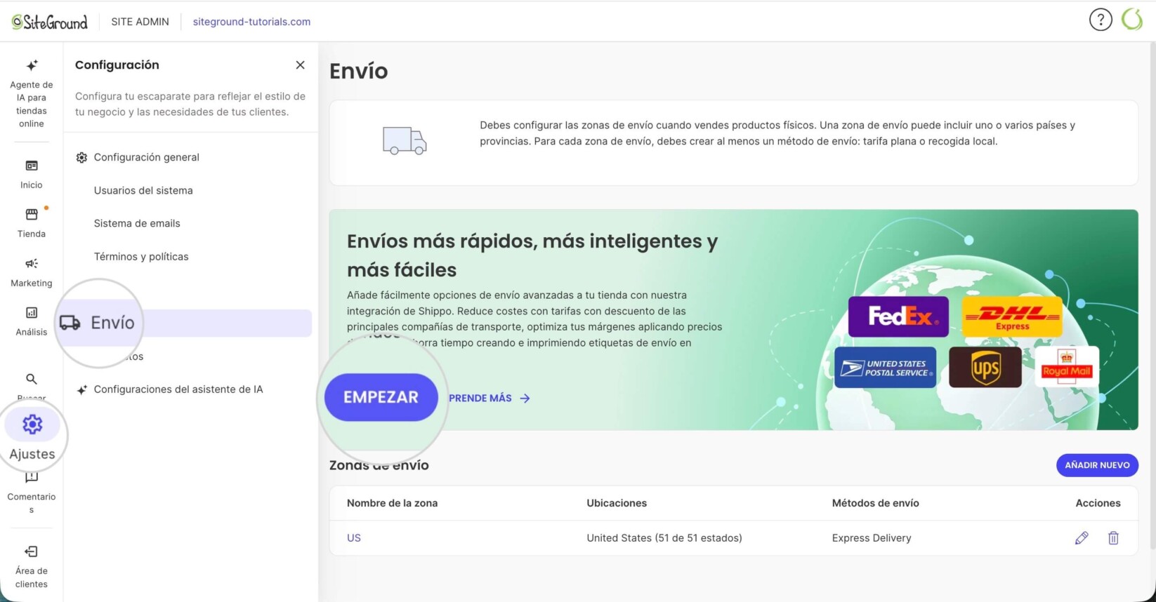 Página de envío en SiteGround Ecommerce con un botón resaltado para activar la integración de Shippo