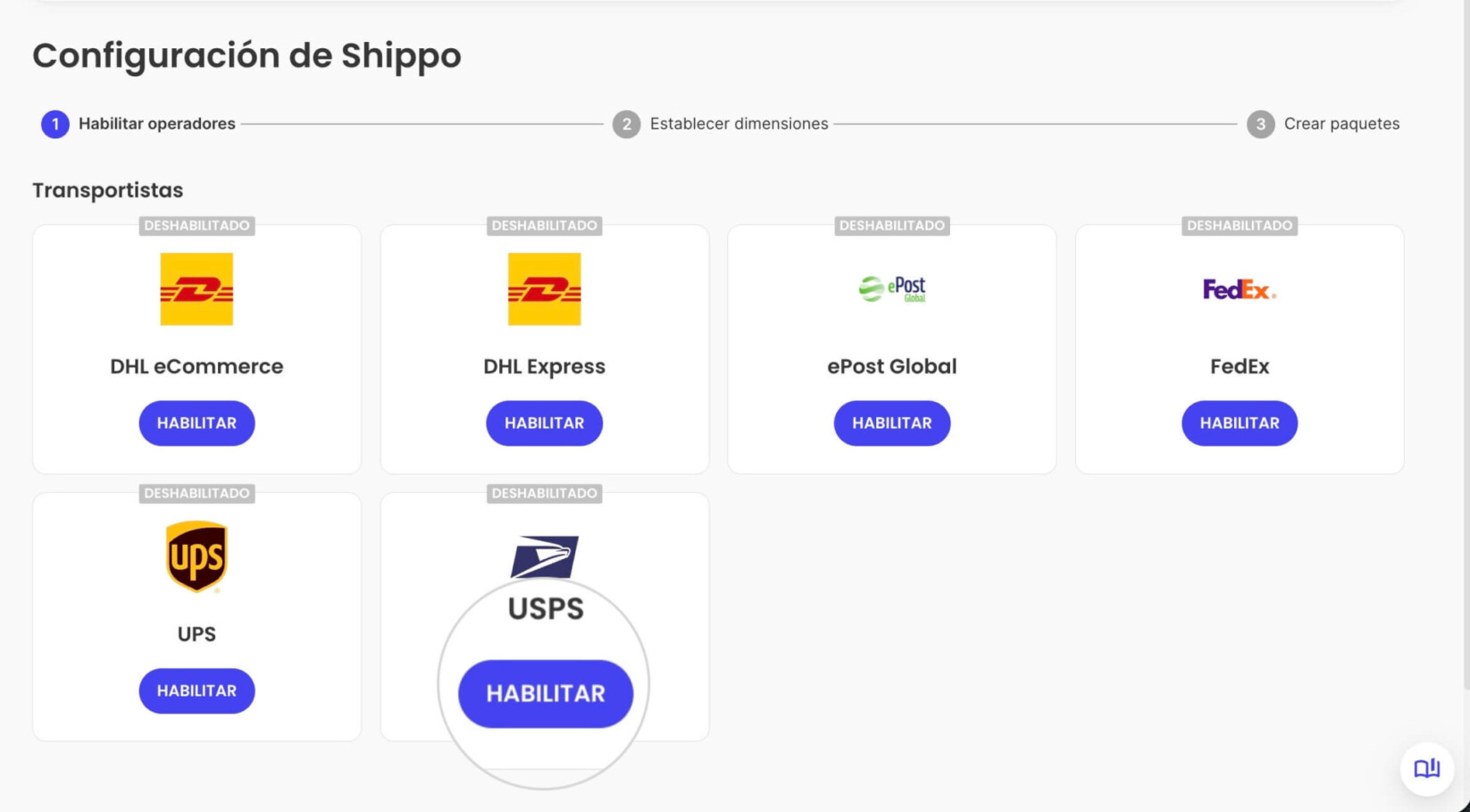 Página de configuración de Shippo en Ecommerce donde puedes seleccionar transportistas
