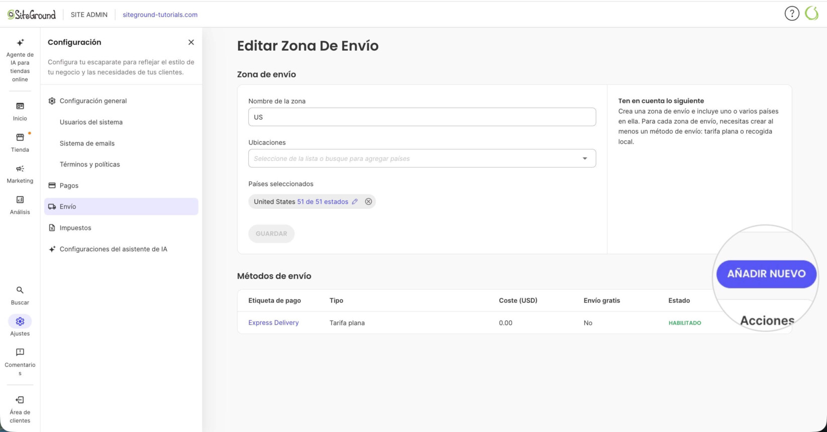 Editor de zona de envío donde puedes añadir un nuevo método de envío con el botón Añadir Nuevo