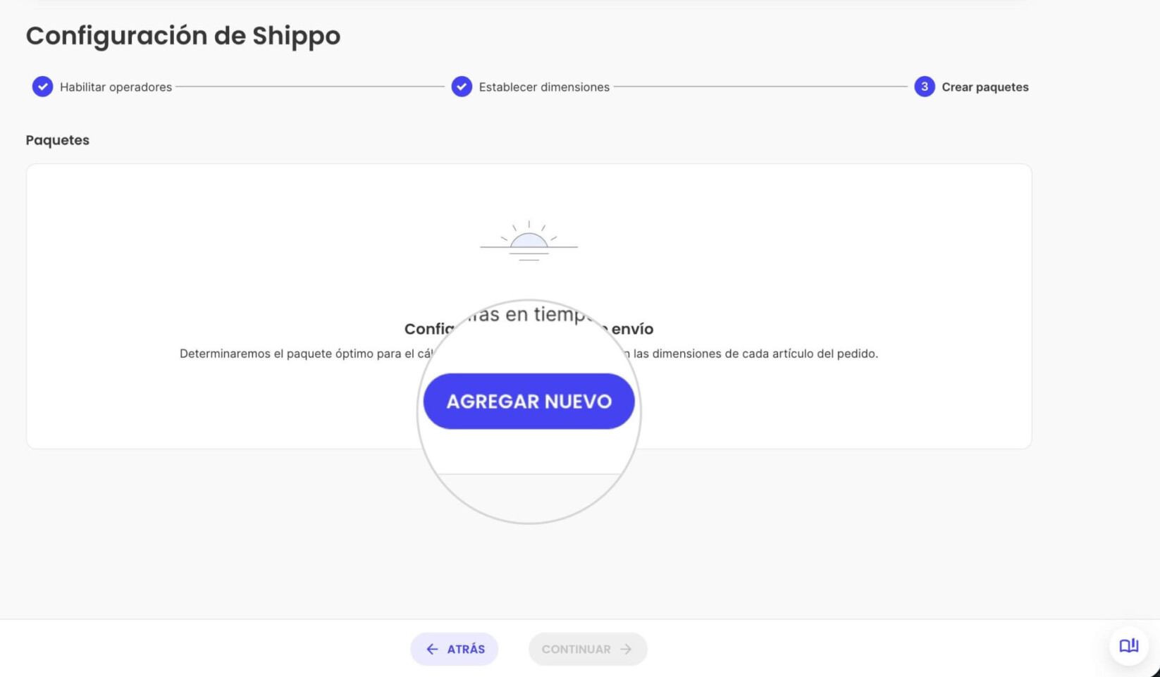 Botón Agregar Nuevo en el asistente de configuración de Shippo donde puedes agregar un paquete