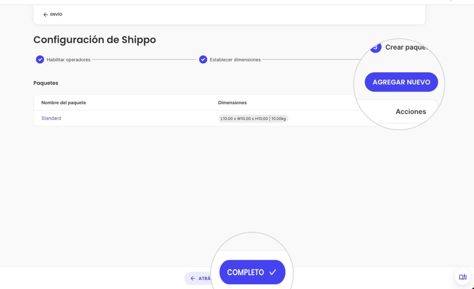 Paso final en la configuración de Shippo en Ecommerce donde puedes crear un nuevo paquete o completar la configuración