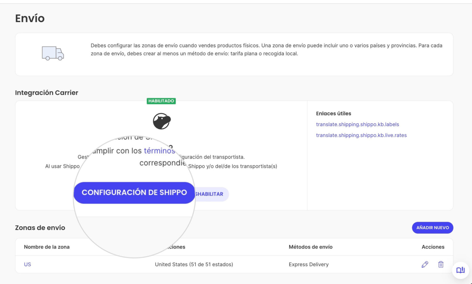 Página de envío en Ecommerce con un botón de configuración de Shippo resaltado