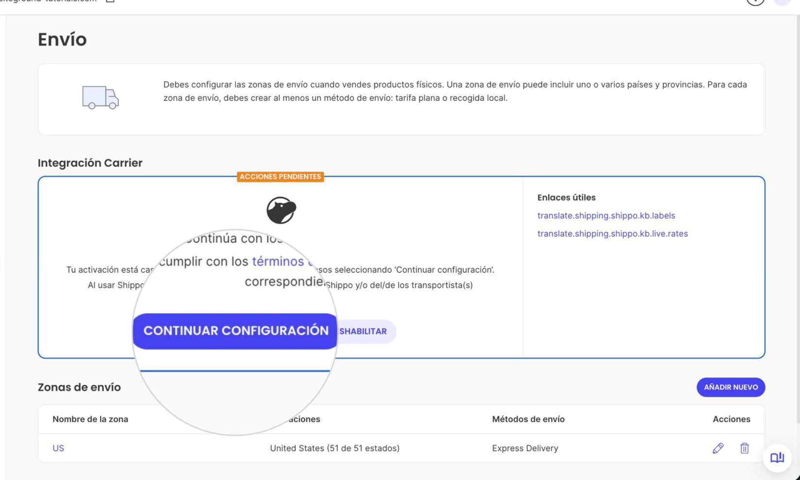 Página de envío en Ecommerce con un botón resaltado para continuar la configuración de la integración de Shippo
