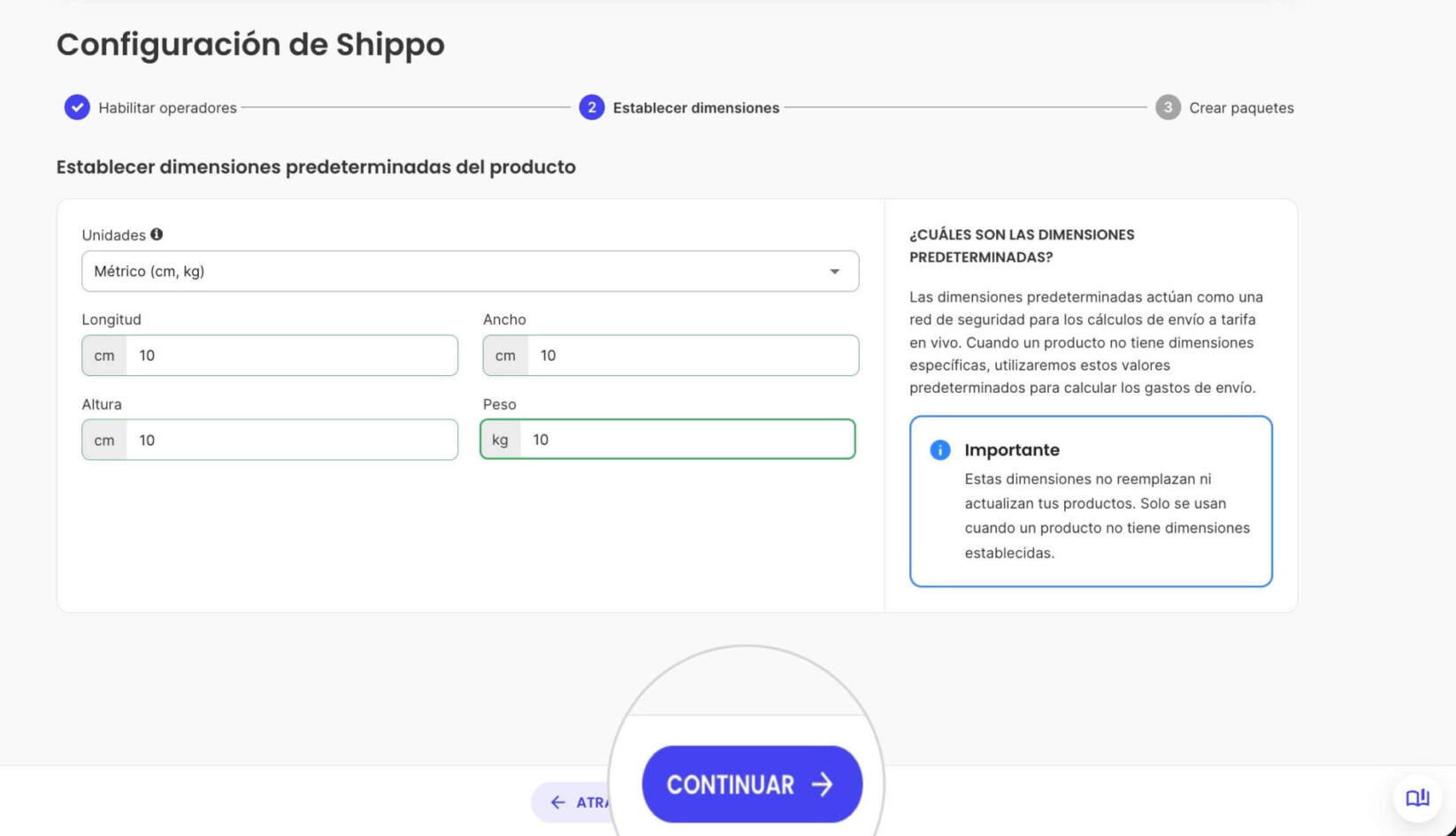 Dimensiones predeterminadas del producto en la página de configuración de Shippo en Ecommerce