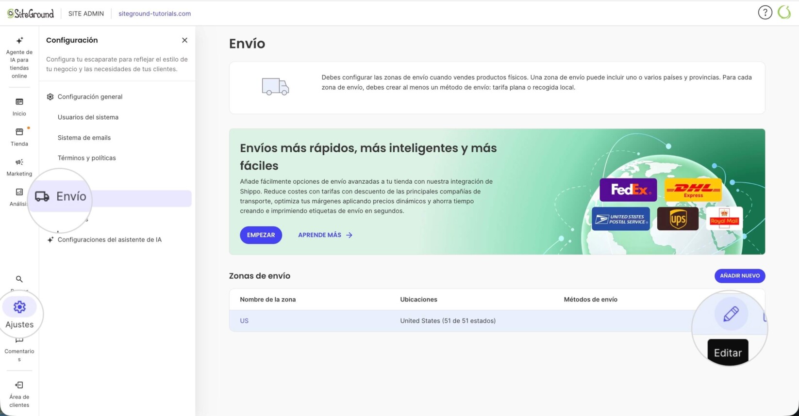 Configuración de envío en SiteGround Ecommerce donde puedes crear o editar zonas de envío
