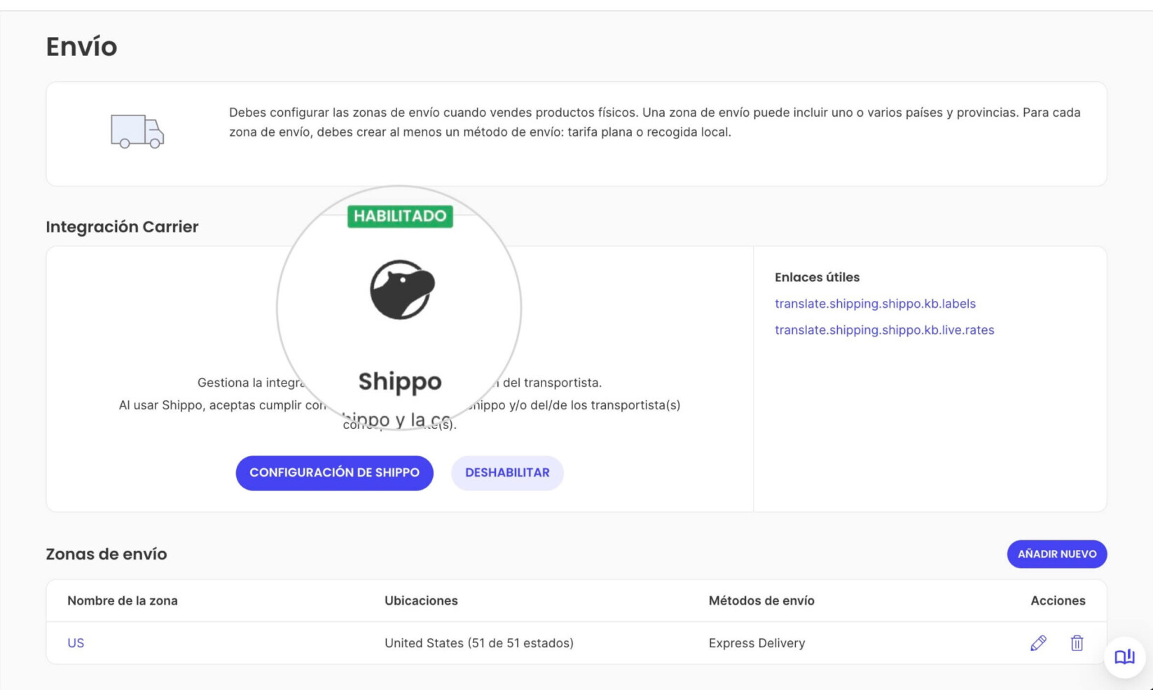 Página de envío en Ecommerce con una integración de Shippo habilitada