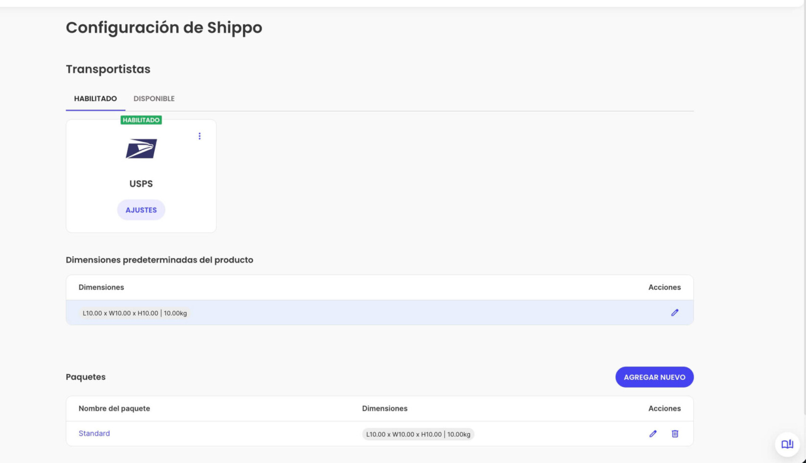 Página de configuración de Shippo en Ecommerce
