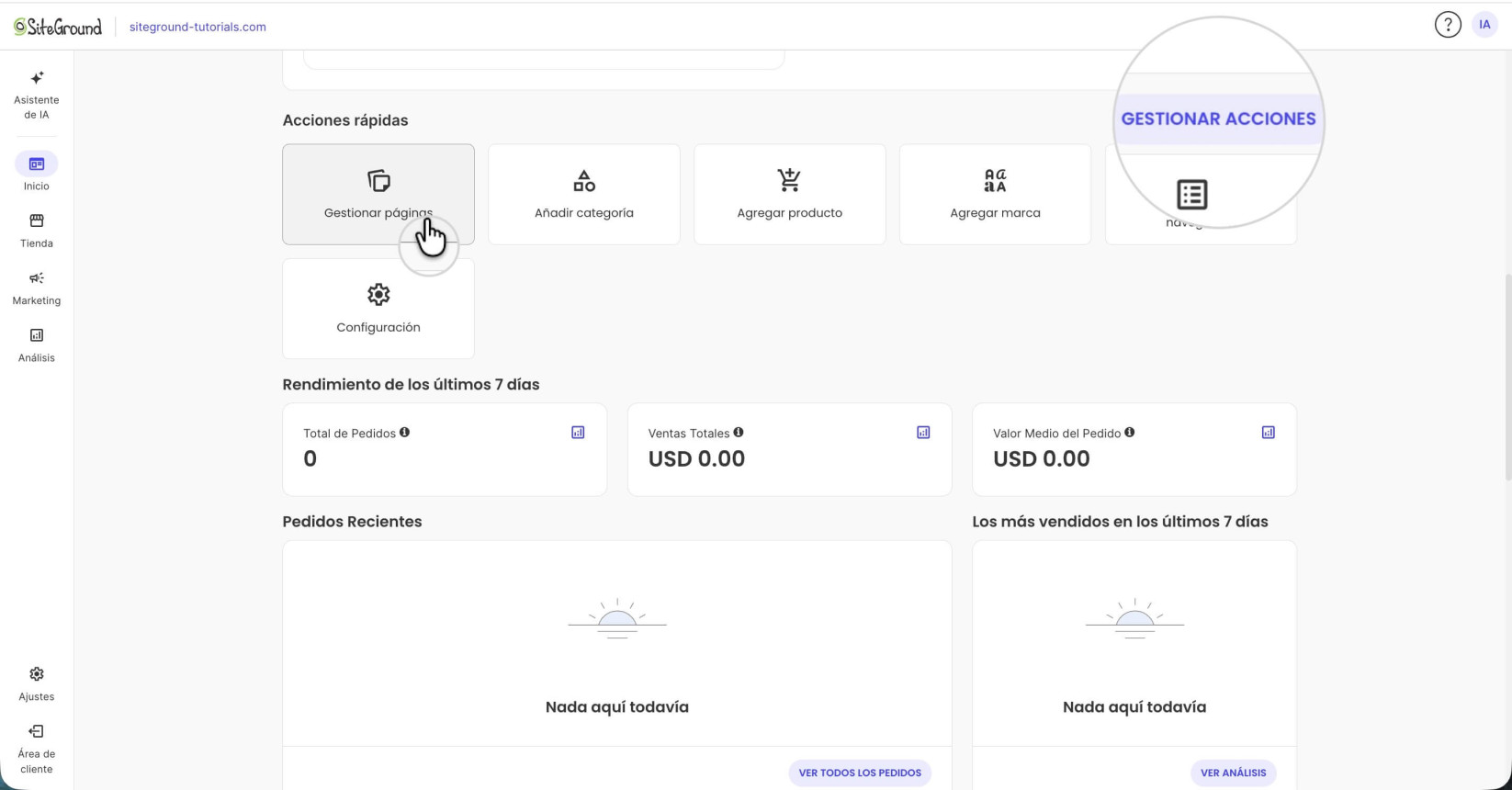 Botones de acciones rápidas dentro de la página de Inicio de un Ecommerce Site Admin