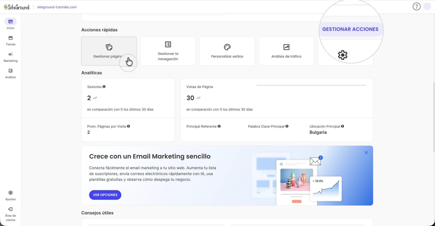 Sección de Acciones rápidas en la página de Inicio de un Site Admin de Website Builder. El botón Gestionar acciones está resaltado
