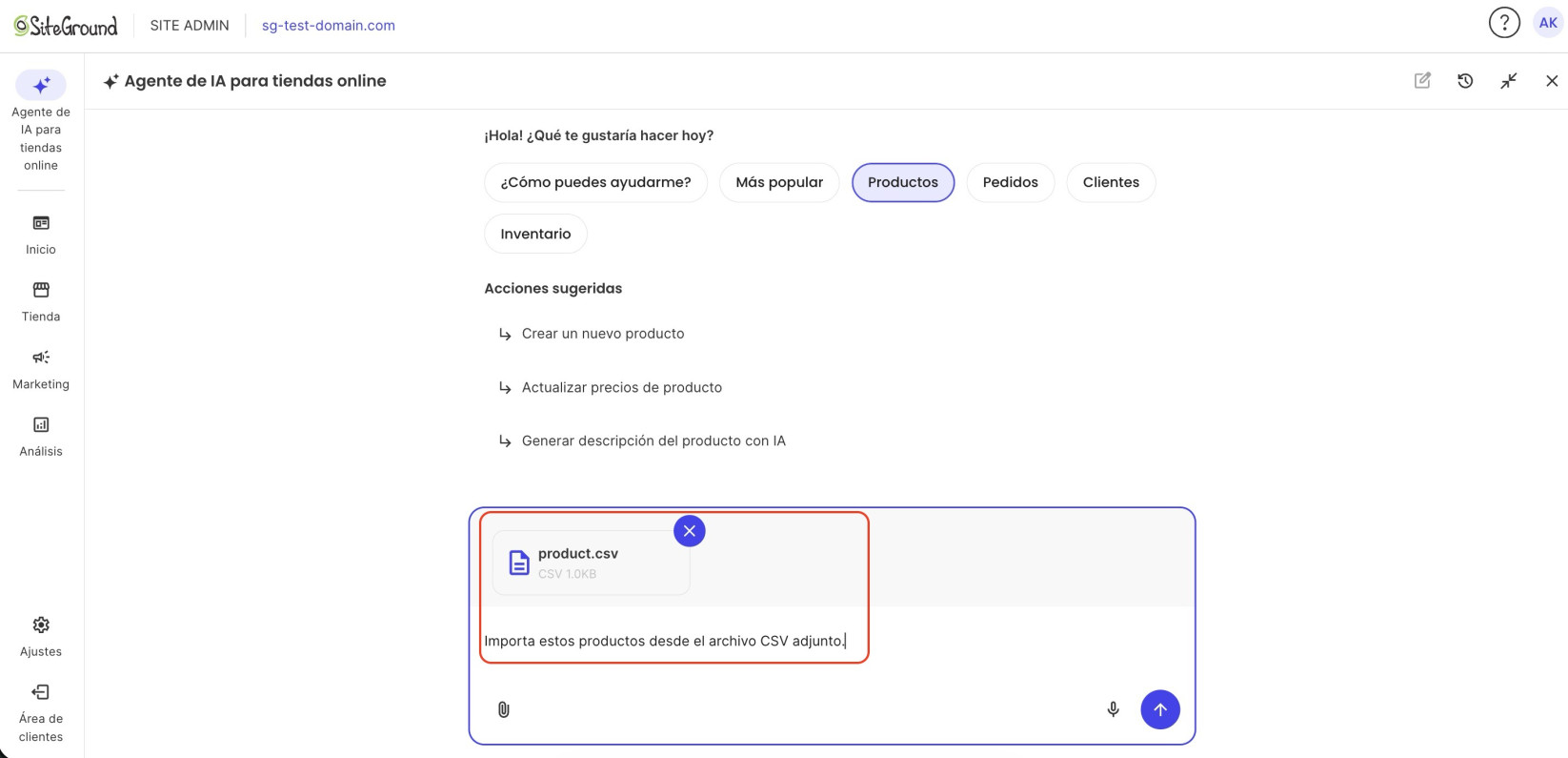 Agente de IA para tiendas online de SiteGround en vista ampliada a pantalla completa con el tema "Productos" seleccionado. En el cuadro de mensaje hay un archivo product.csv (1.0KB) adjunto y el texto resaltado "Importa estos productos desde el archivo CSV adjunto", sobre las Acciones sugeridas para crear y actualizar productos.
